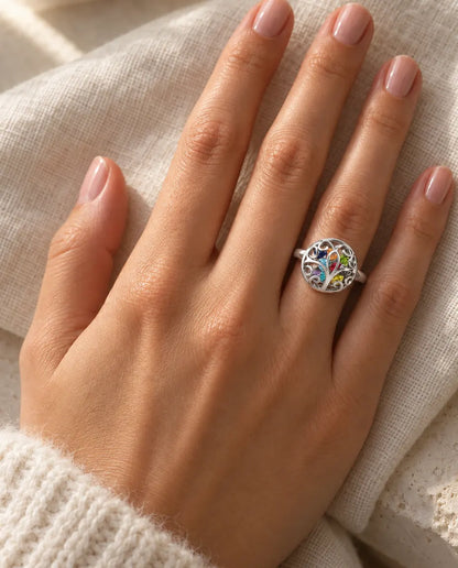 9 Birthstone Tree of Life Ring for Mom - worn on the hand, close-up