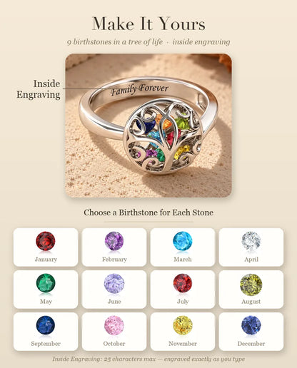 9 Birthstone Tree of Life Ring for Mom - personalization guide: names, birthstones and inside engraving