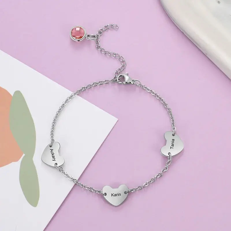 Personalized 3 Hearts Engraved Name Bracelet with Birthstone