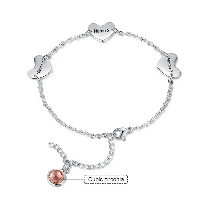 Personalized 3 Hearts Engraved Name Bracelet with Birthstone