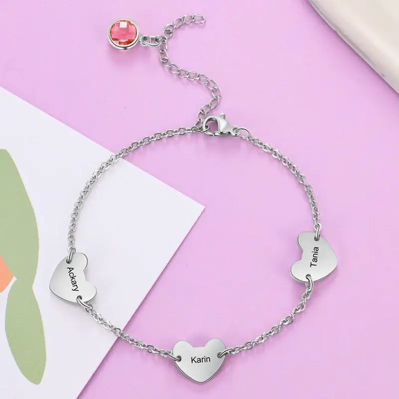 Personalized 3 Hearts Engraved Name Bracelet with Birthstone