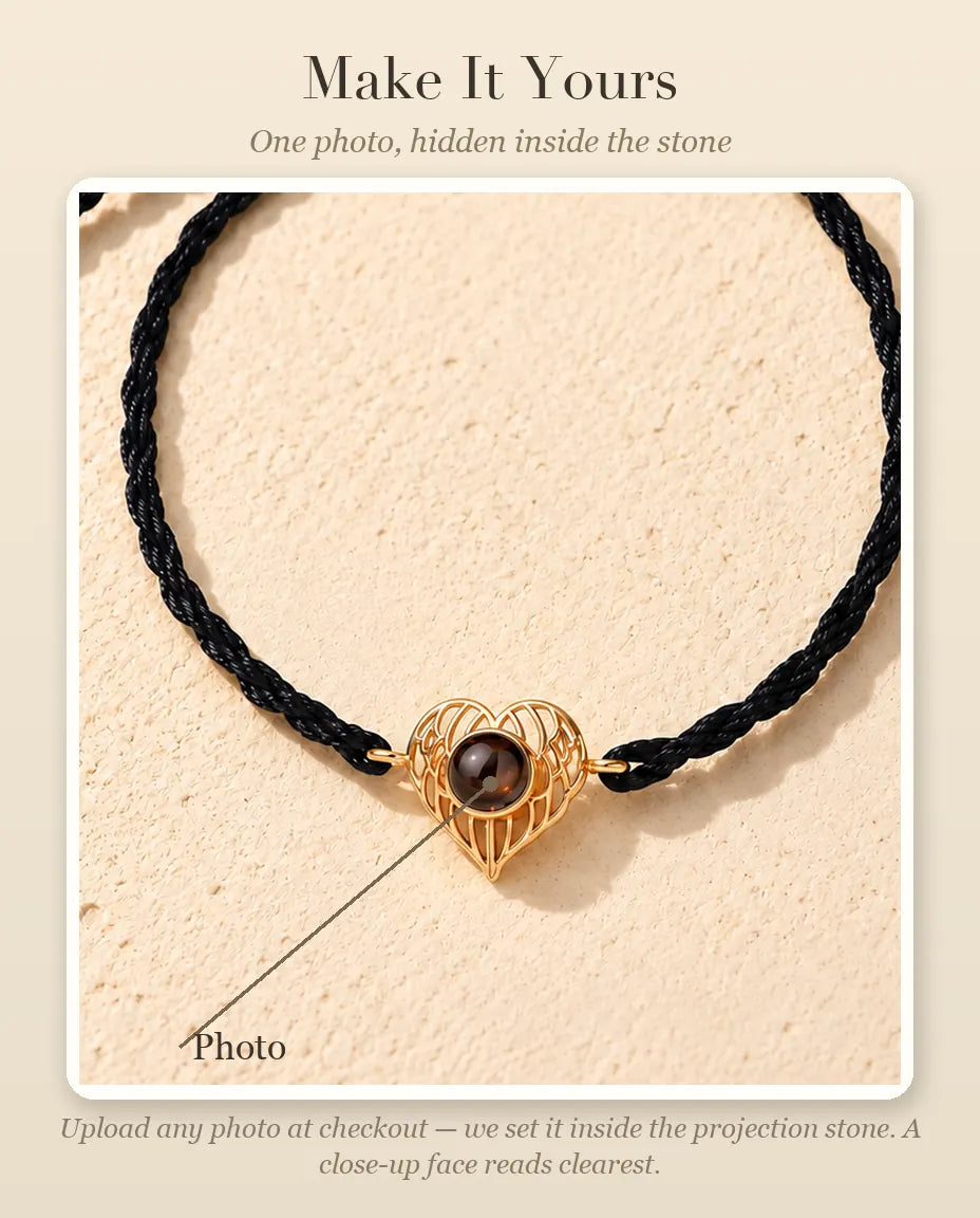 Personalization guide showing where your photo goes inside the projection stone of the angel wing heart