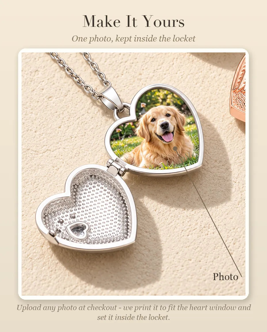 Personalization guide showing where your photo goes inside the angel wing paw print heart photo locket