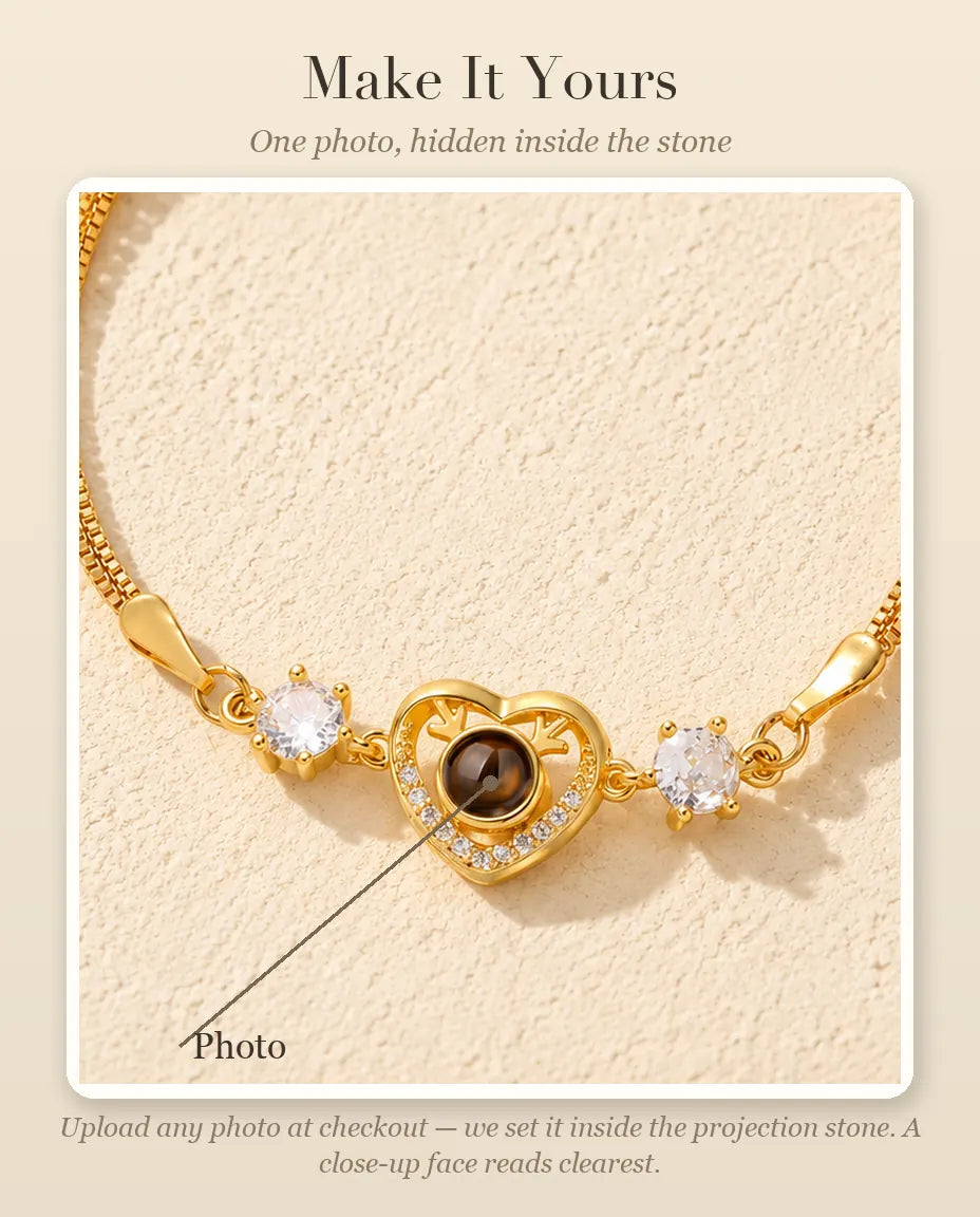 Personalization guide showing where your photo goes inside the projection stone of the antler heart
