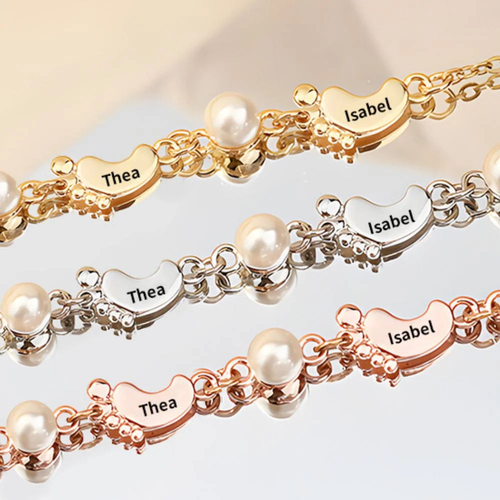 Personalized 1-5 Baby Feet Necklace, Engraved Name Necklace, Pearl Custom Necklace for Mom