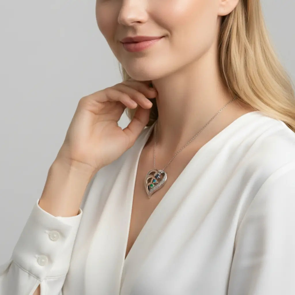 Sterling Silver Heart Name Personalized Necklace with 3 Birthstones