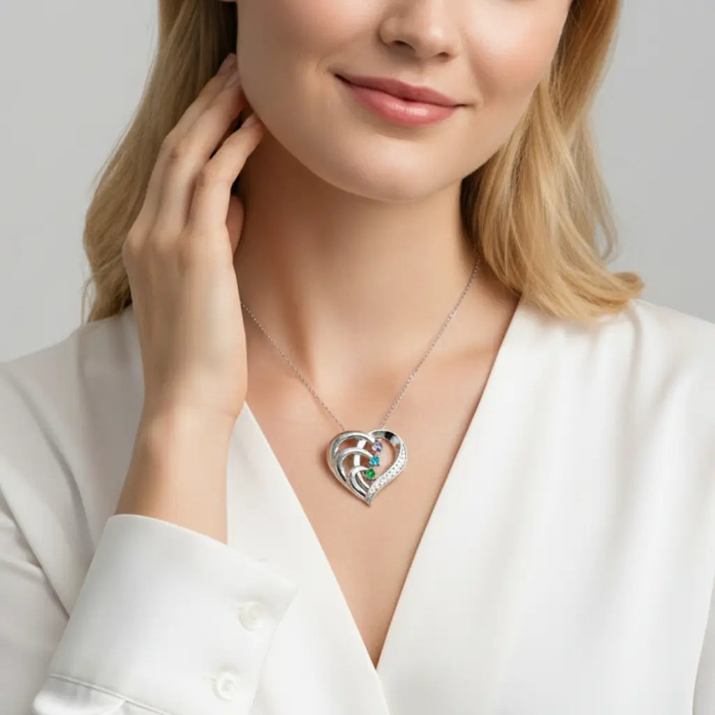 Sterling Silver Heart Name Personalized Necklace with 3 Birthstones