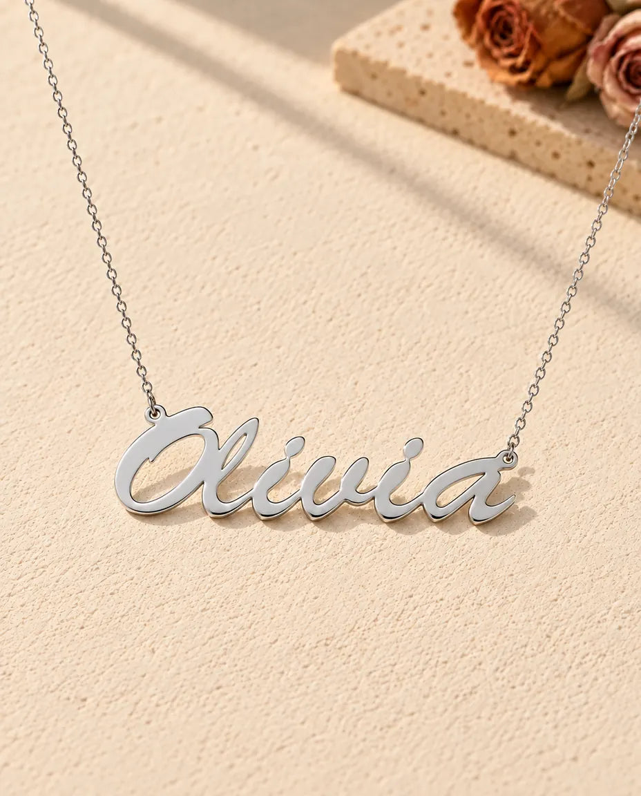 Personalized Brush Script Name Necklace in 925 Sterling Silver - Custom Nameplate - front view in silver