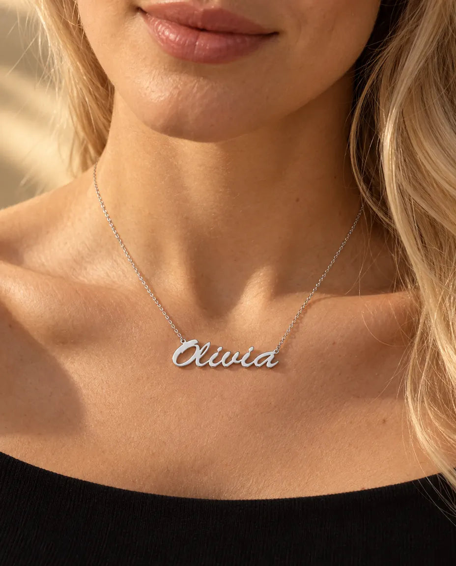 Personalized Brush Script Name Necklace in 925 Sterling Silver - Custom Nameplate - worn on a model