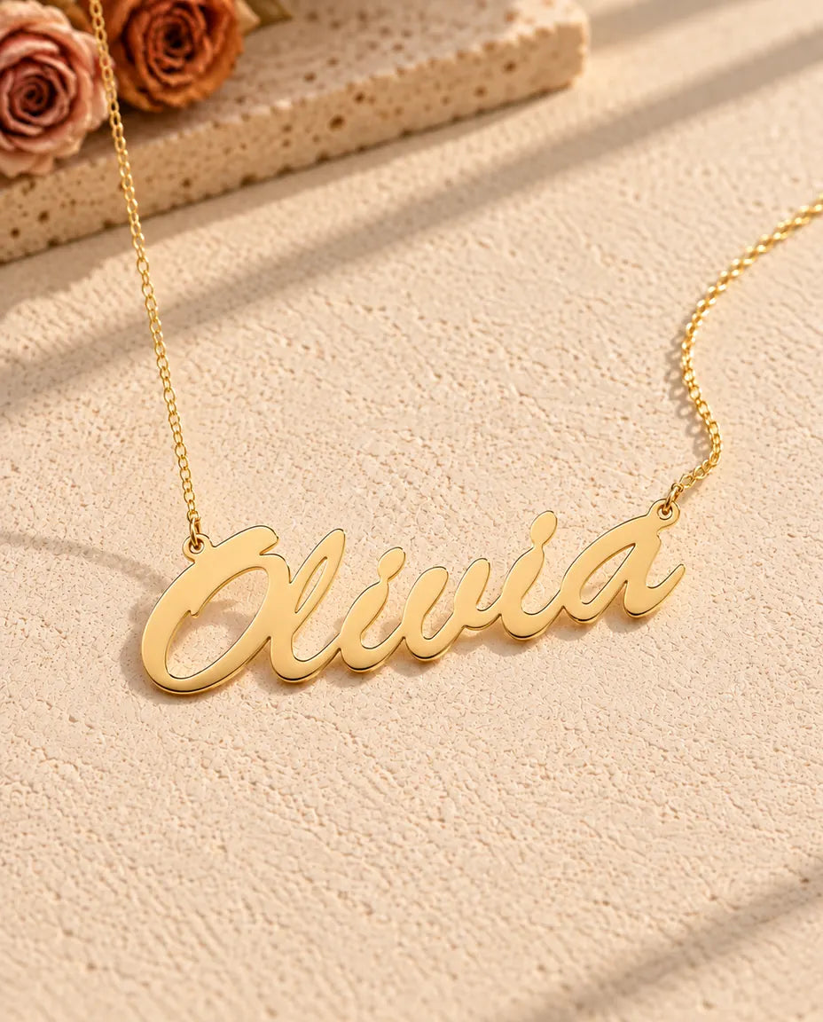 Personalized Brush Script Name Necklace in 925 Sterling Silver - Custom Nameplate - in gold finish
