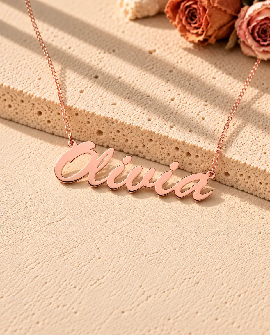 Personalized Brush Script Name Necklace in 925 Sterling Silver - Custom Nameplate - in rose gold finish