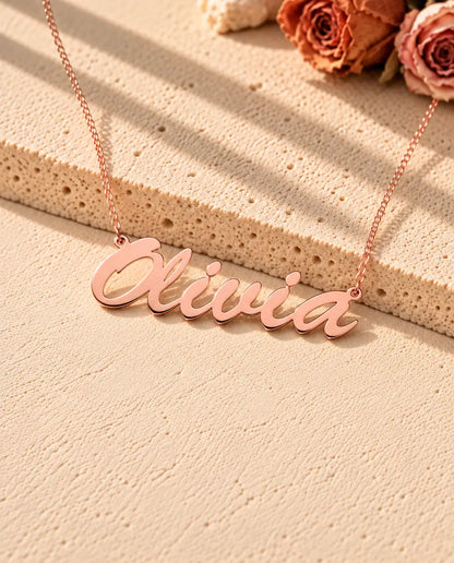 Personalized Brush Script Name Necklace in 925 Sterling Silver - Custom Nameplate - in rose gold finish