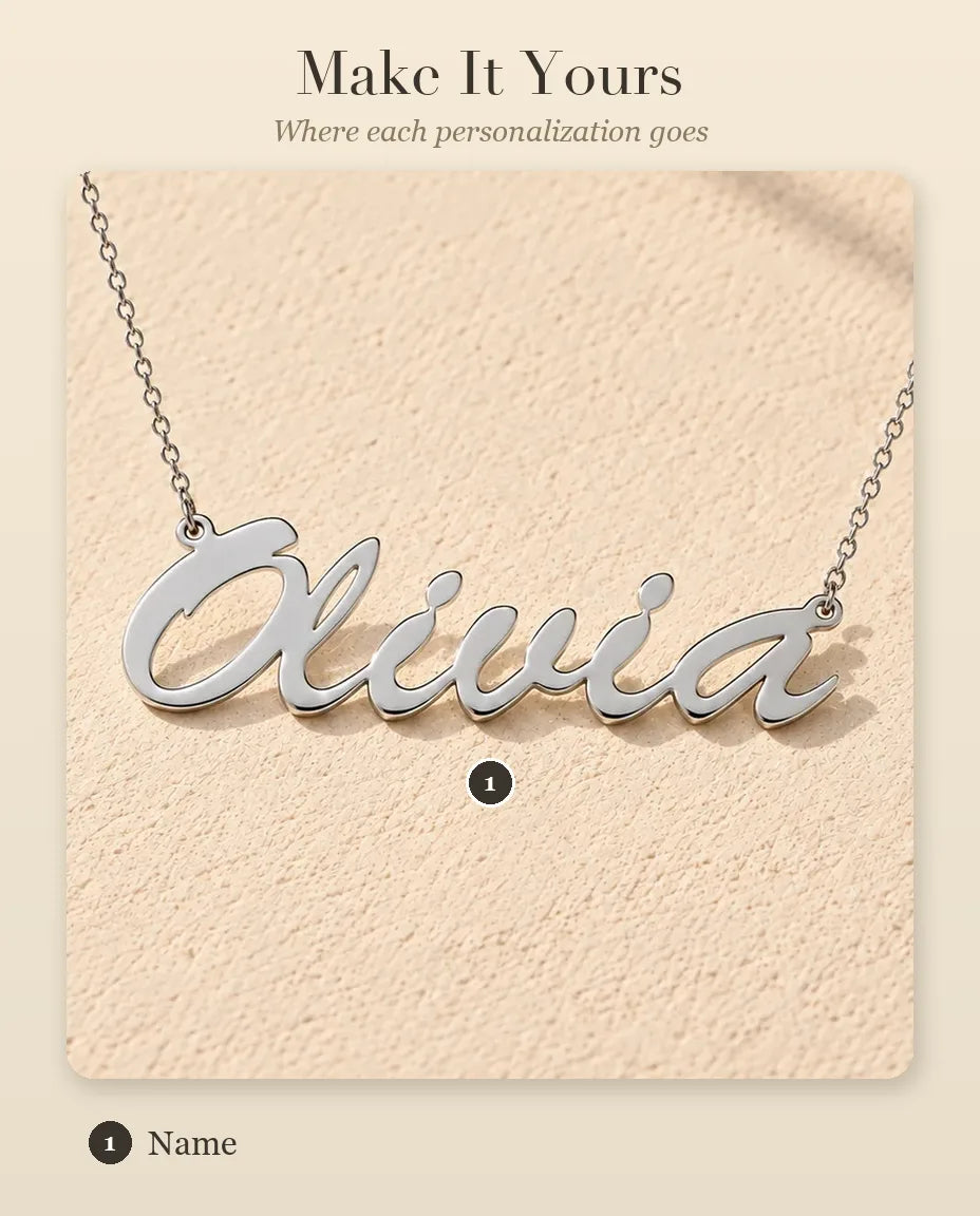 Personalized Brush Script Name Necklace in 925 Sterling Silver - Custom Nameplate - personalization guide: where your name goes