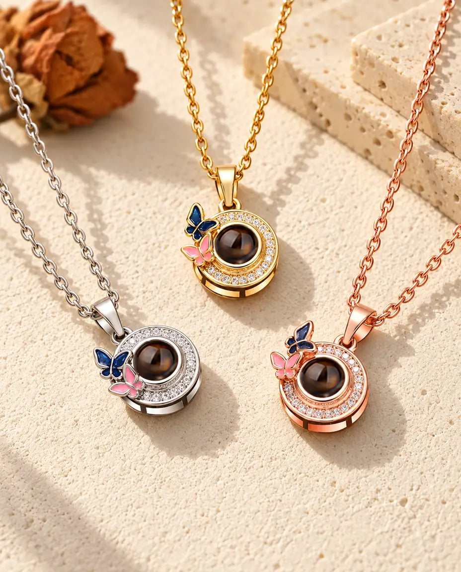 Butterfly halo circle projection necklaces in silver tone, gold tone and rose gold tone