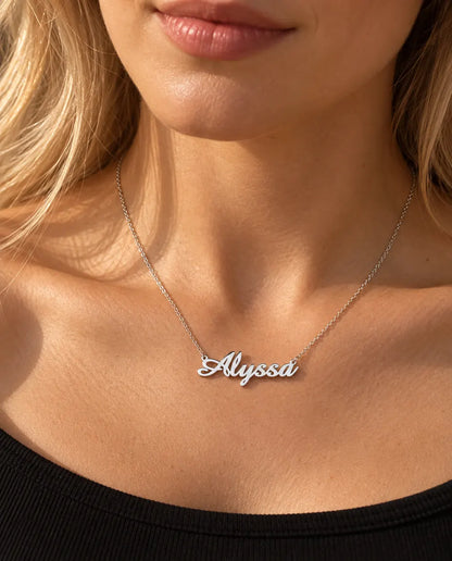 Personalized Script Name Necklace in 925 Sterling Silver - Custom Calligraphy Nameplate - worn on a model