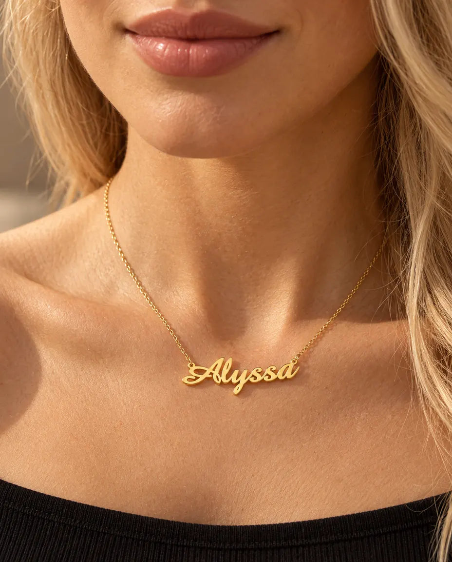Personalized Script Name Necklace in 925 Sterling Silver - Custom Calligraphy Nameplate - worn on a model in gold
