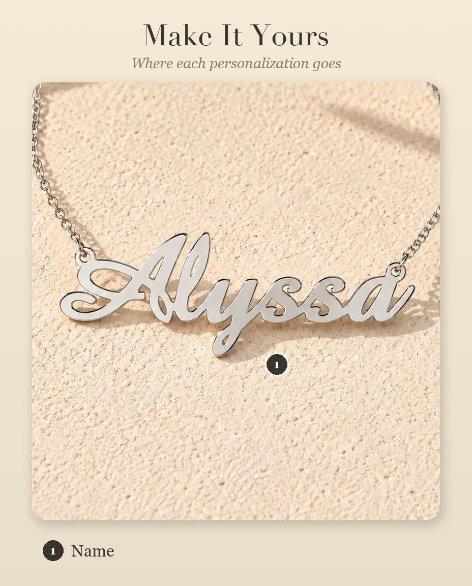 Personalized Script Name Necklace in 925 Sterling Silver - Custom Calligraphy Nameplate - personalization guide: where your name goes