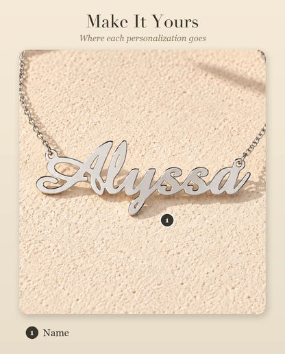 Personalized Script Name Necklace in 925 Sterling Silver - Custom Calligraphy Nameplate - personalization guide: where your name goes
