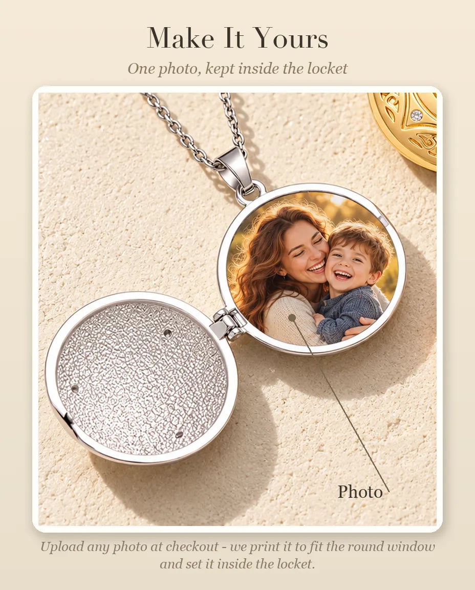 Personalization guide showing where your photo goes inside the round Celtic knot locket