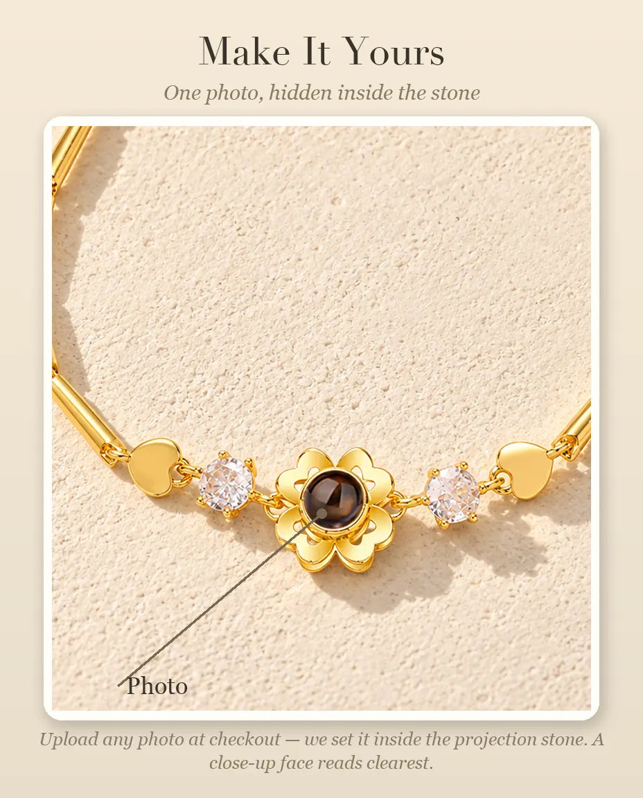 Personalization guide showing where your photo goes inside the clover flower projection stone