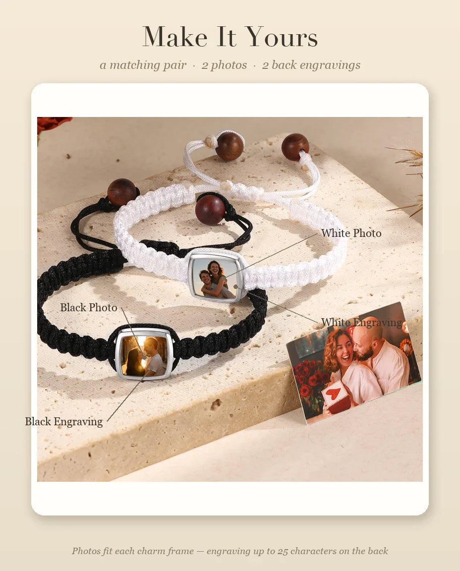 Personalization guide: photo and back engraving positions for the white and black couple bracelets