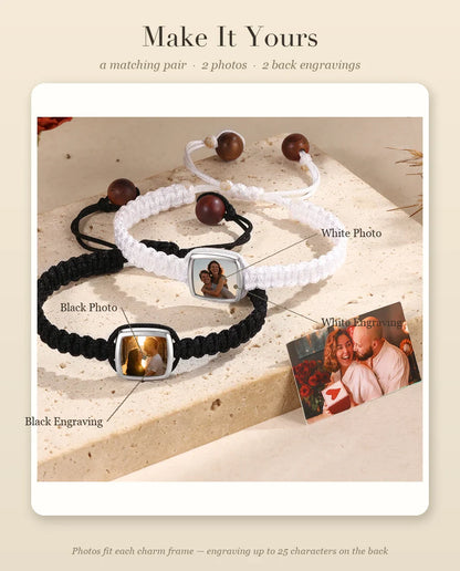 Personalization guide: photo and back engraving positions for the white and black couple bracelets