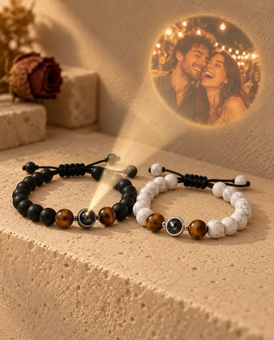 Couple Photo Projection Bracelets - projecting the hidden photo onto a wall