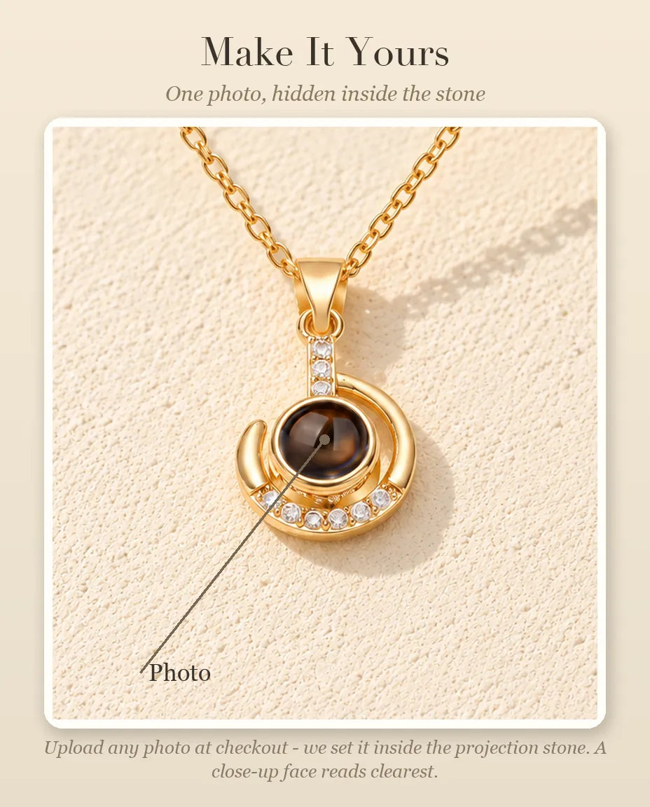 Personalization guide showing where your photo goes inside the projection stone of the crescent moon necklace