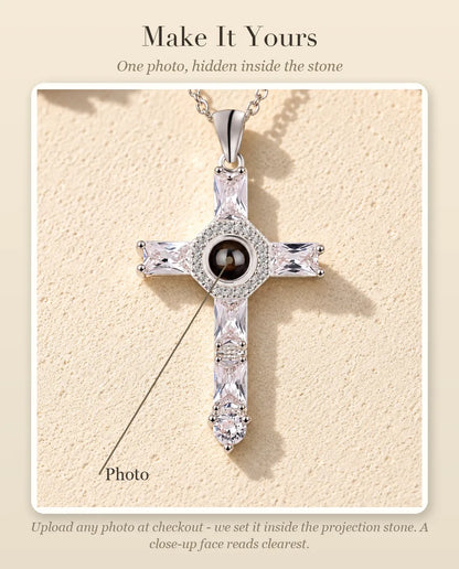 Personalization guide showing where your photo goes inside the projection stone of the cubic zirconia cross necklace