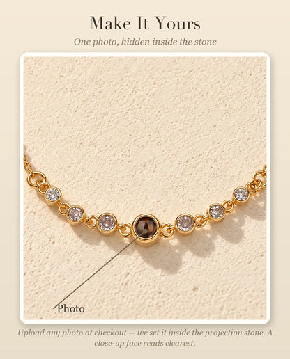 Personalization guide showing where your photo goes inside the projection stone of the stone row bracelet