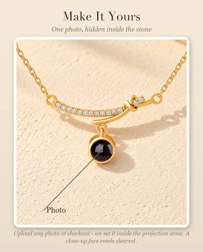 Personalization guide showing where your photo goes inside the projection stone of the curved bar necklace