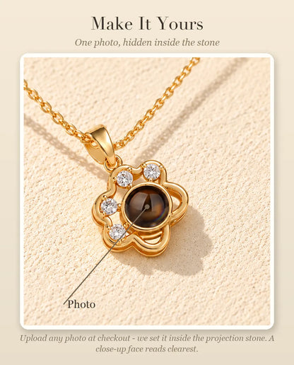 Personalization guide showing where your photo goes inside the projection stone of the paw print necklace