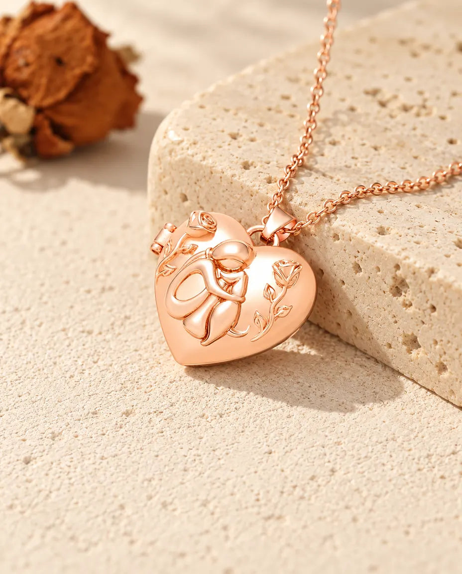 Rose gold tone dog lover heart photo locket necklace on travertine in warm sunlight
