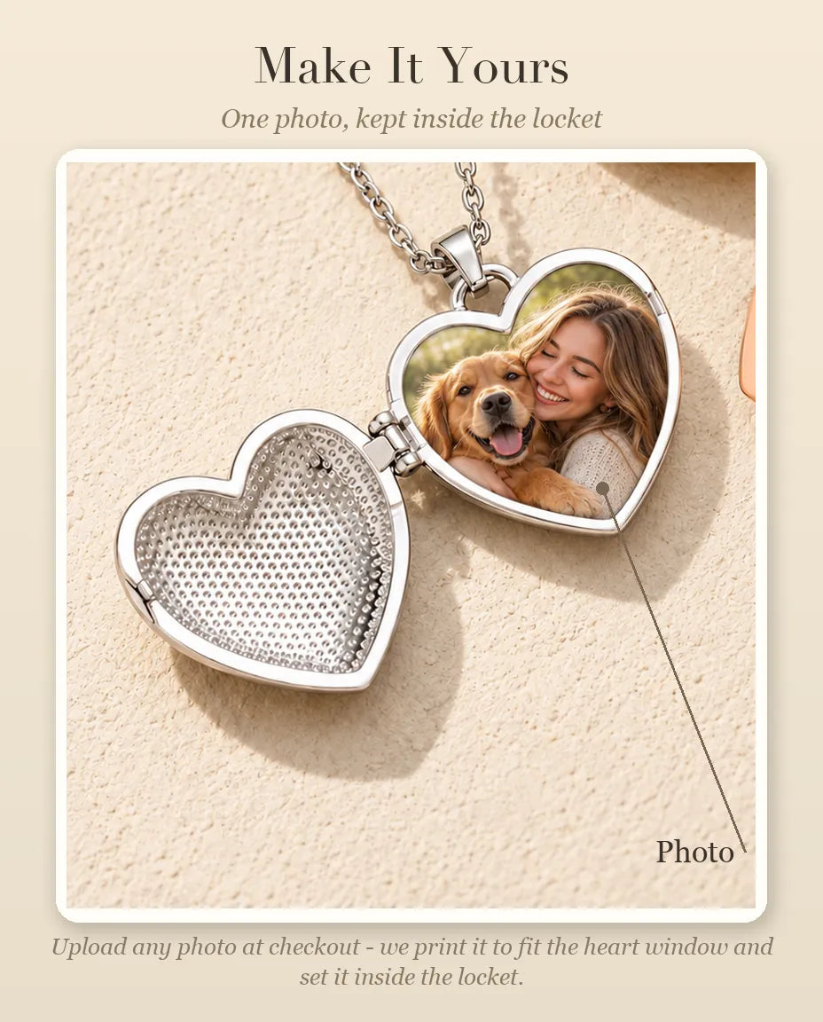 Personalization guide showing where your photo goes inside the dog lover heart photo locket