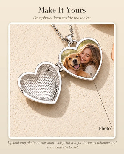 Personalization guide showing where your photo goes inside the dog lover heart photo locket