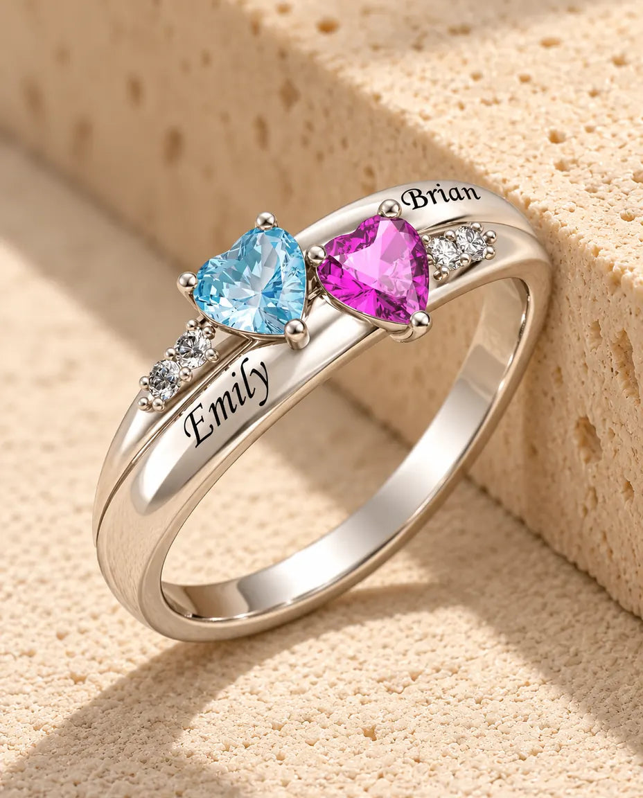 Dual Heart Birthstone Name Ring - in sterling silver