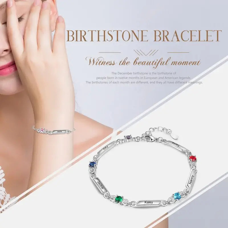 Engraved Name Bracelet | Personalized Birthstone Bracelet | Up to 5 Name and Birthstones