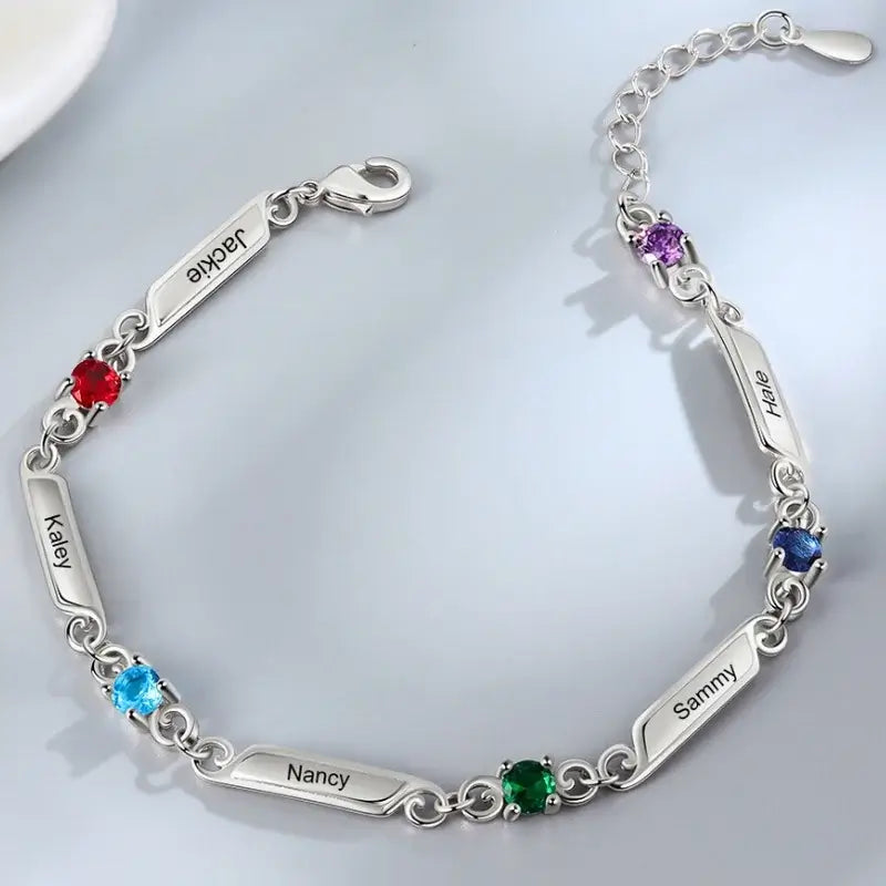 Engraved Name Bracelet | Personalized Birthstone Bracelet | Up to 5 Name and Birthstones