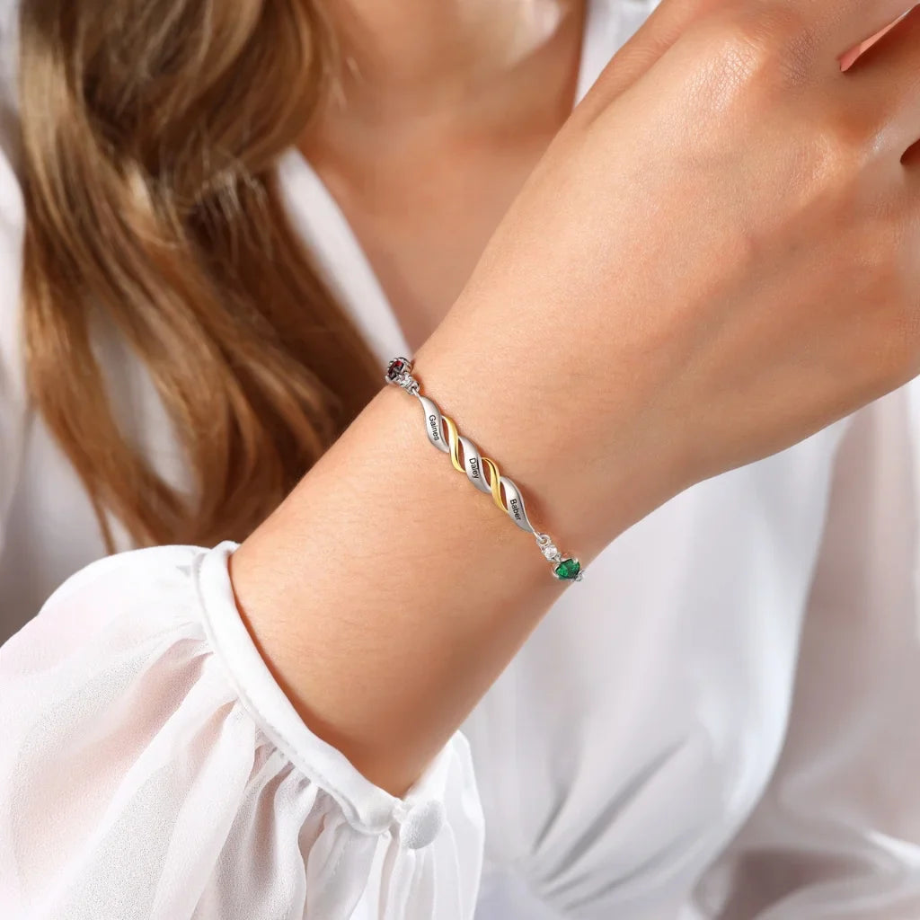 Personalized Engraved Mum's Bracelet with 2-4 Heart Birthstones - A Custom Gift for Mother's Day or Birthday