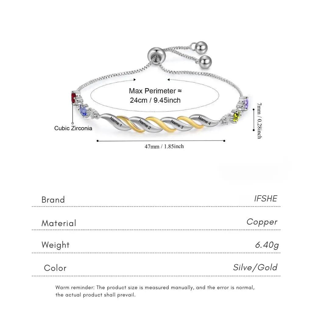 Personalized Engraved Mum's Bracelet with 2-4 Heart Birthstones - A Custom Gift for Mother's Day or Birthday