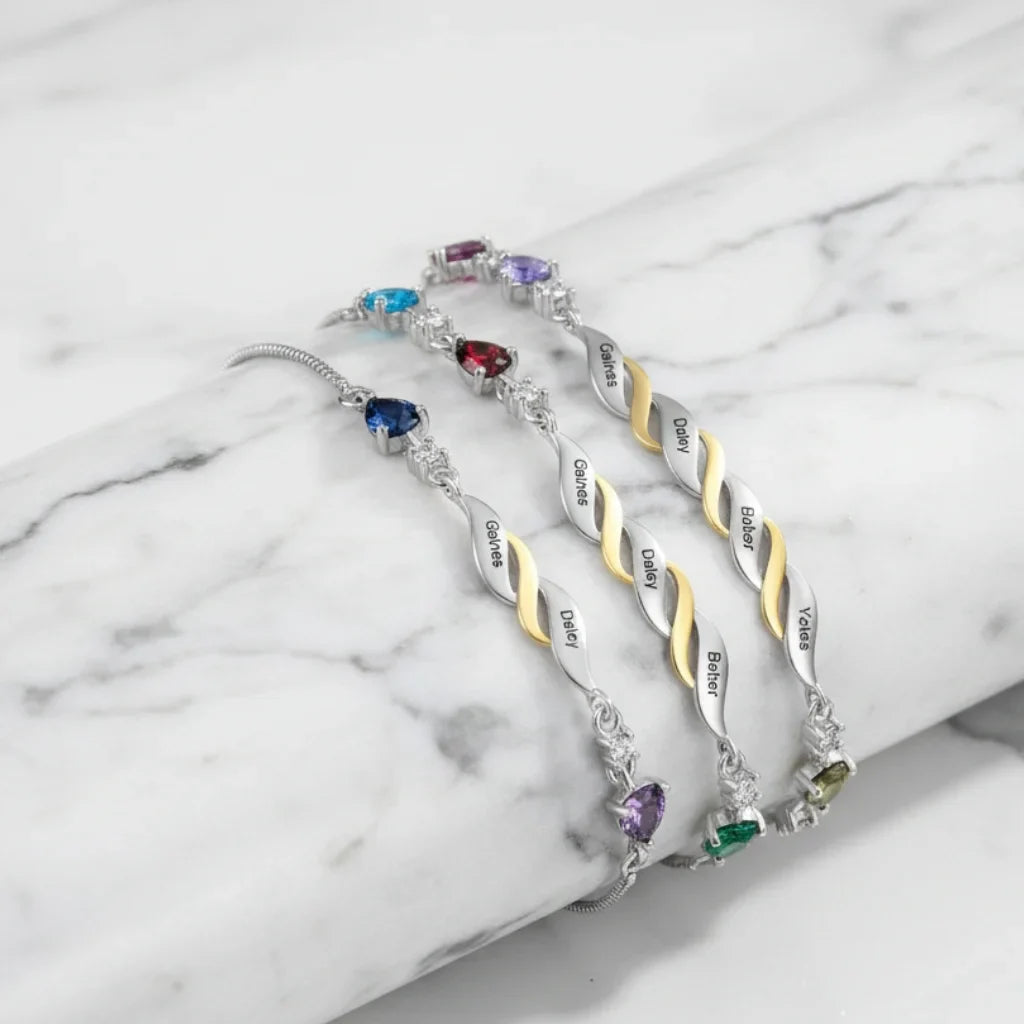 Personalized Engraved Mum's Bracelet with 2-4 Heart Birthstones - A Custom Gift for Mother's Day or Birthday