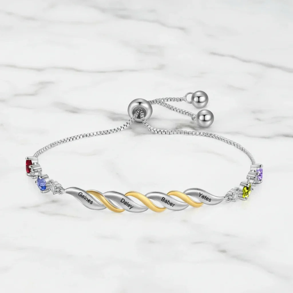 Personalized Engraved Mum's Bracelet with 2-4 Heart Birthstones - A Custom Gift for Mother's Day or Birthday