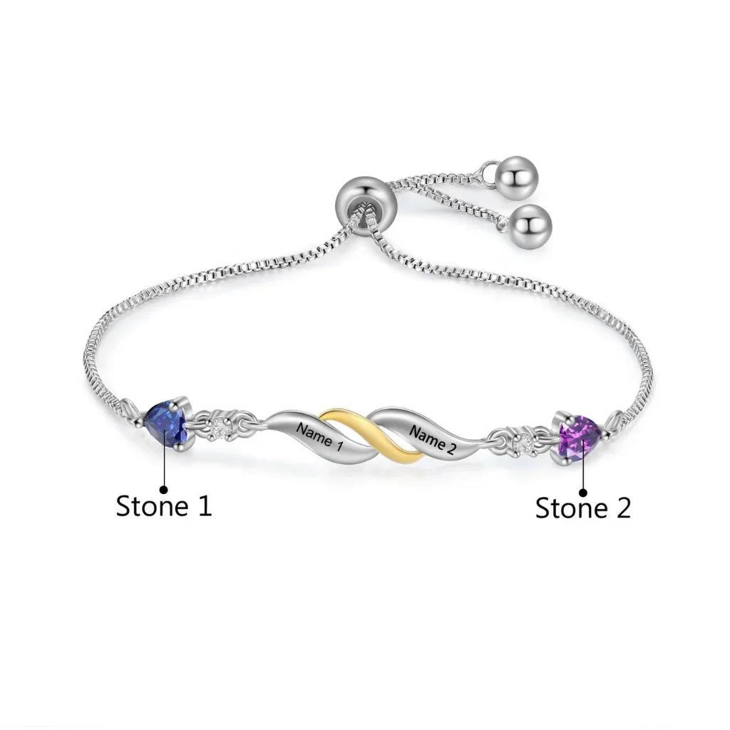 Personalized Engraved Mum's Bracelet with 2-4 Heart Birthstones - A Custom Gift for Mother's Day or Birthday