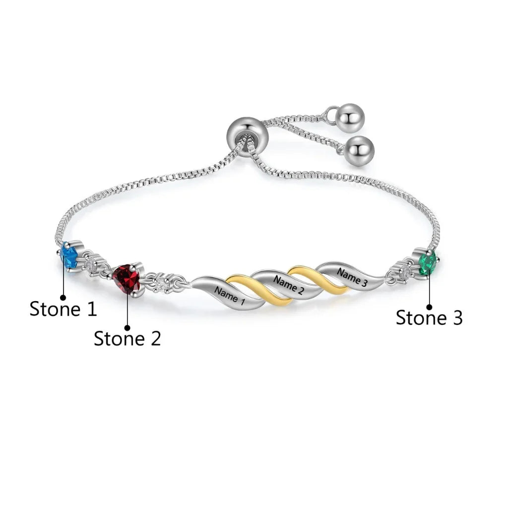 Personalized Engraved Mum's Bracelet with 2-4 Heart Birthstones - A Custom Gift for Mother's Day or Birthday