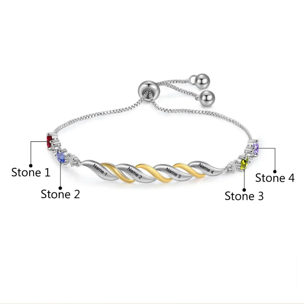 Personalized Engraved Mum's Bracelet with 2-4 Heart Birthstones - A Custom Gift for Mother's Day or Birthday