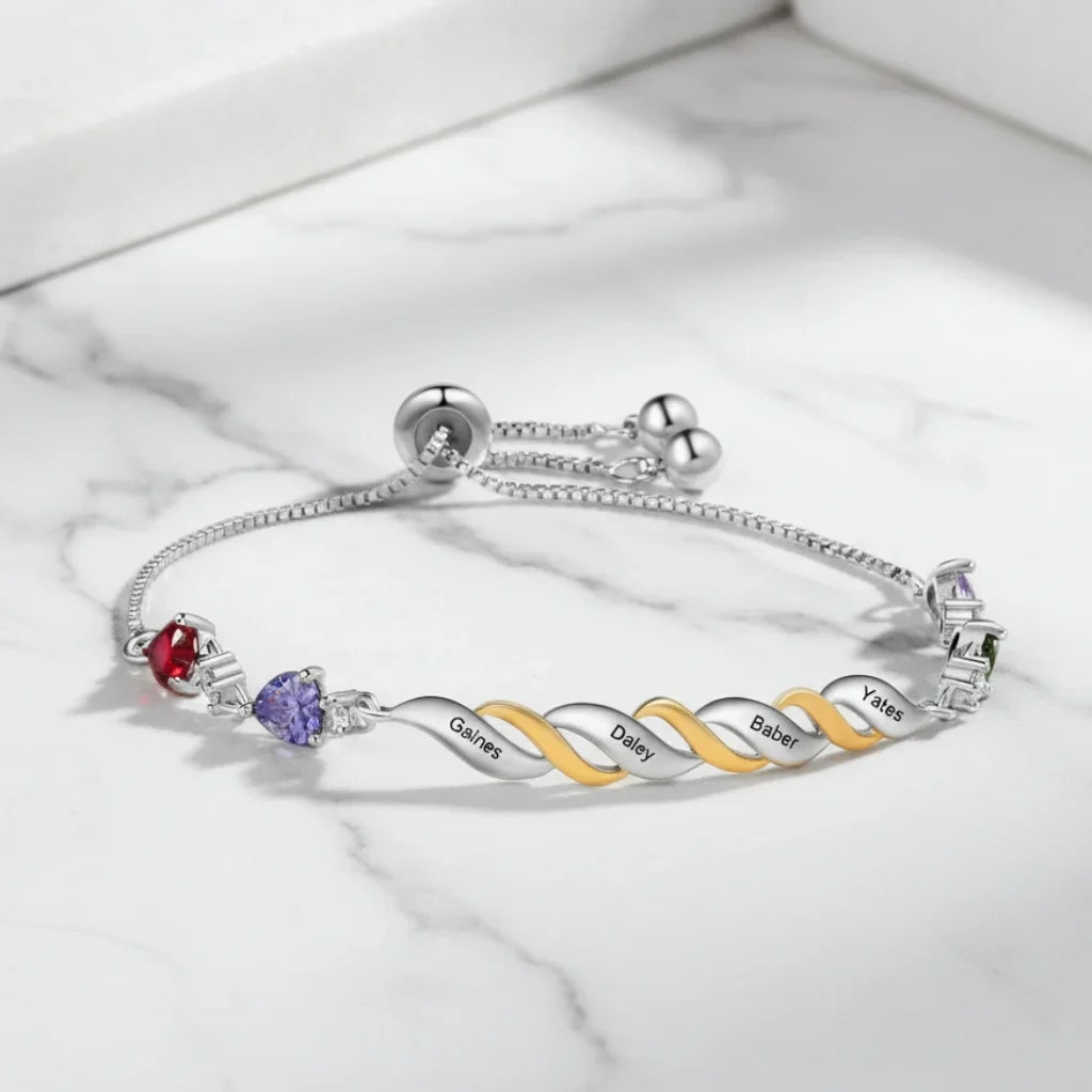 Personalized Engraved Mum's Bracelet with 2-4 Heart Birthstones - A Custom Gift for Mother's Day or Birthday