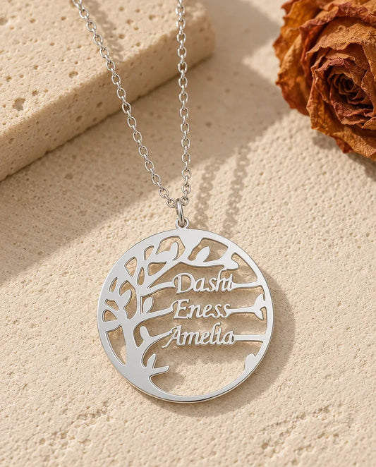 Personalized Family Tree Name Necklace - front view in silver