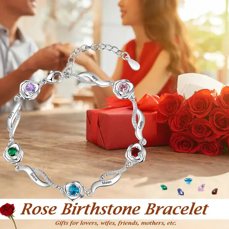 Personalized Flower Charm Birthstone Bracelet | Engraved Name Bracelet