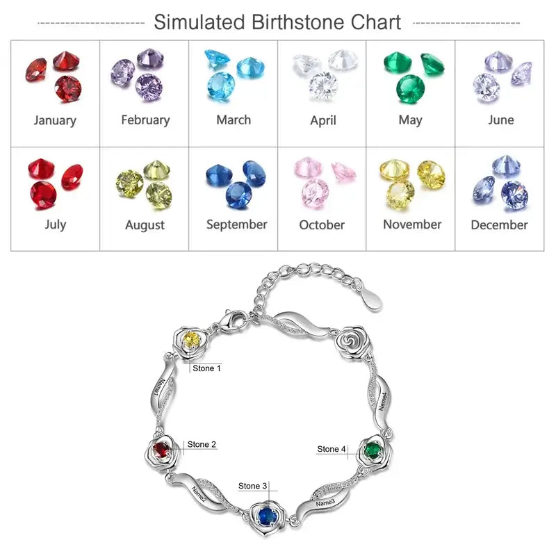 Personalized Flower Charm Birthstone Bracelet | Engraved Name Bracelet
