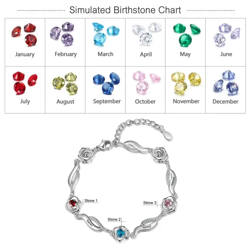 Personalized Flower Charm Birthstone Bracelet | Engraved Name Bracelet